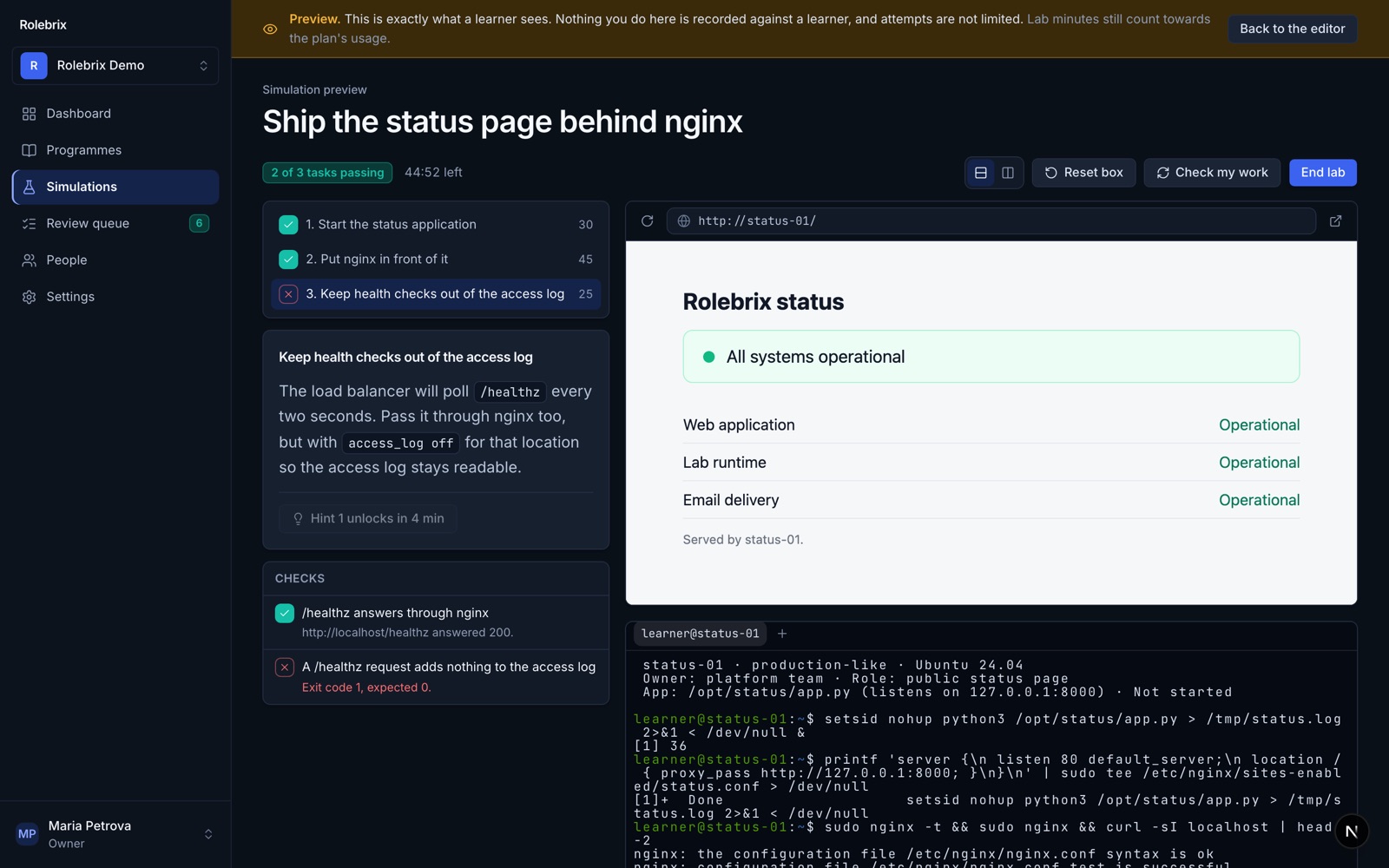 A learner's lab: terminal, web preview and live checks